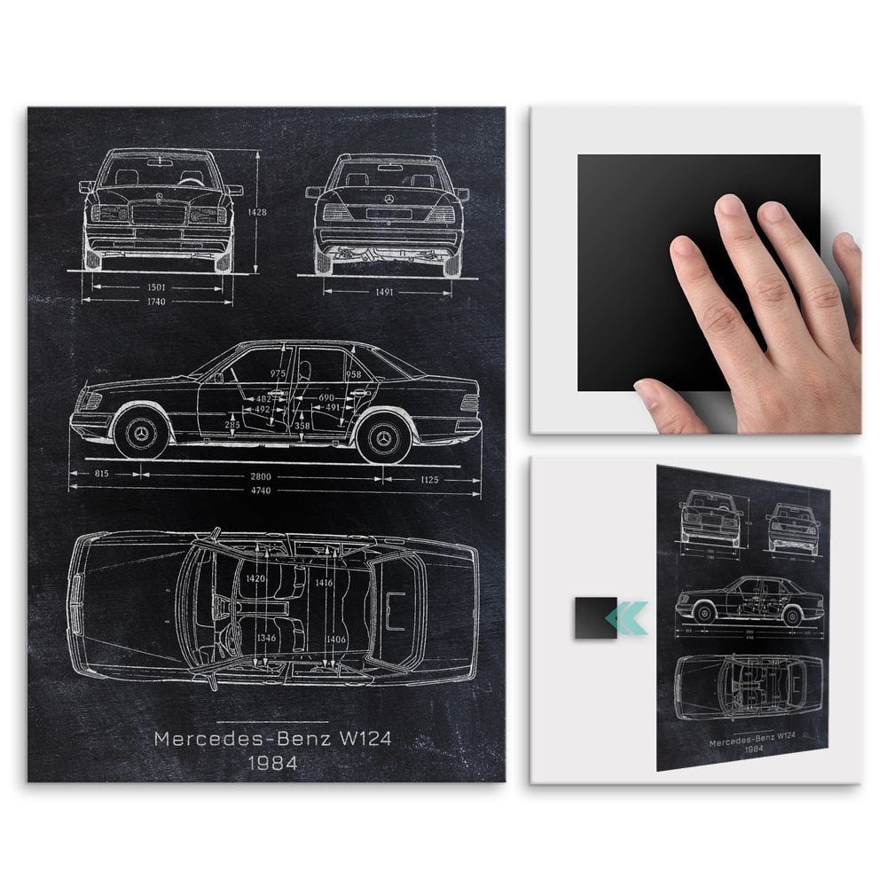 Plakat metalowy Mercedes-Benz W124 Projekt Blackboard M