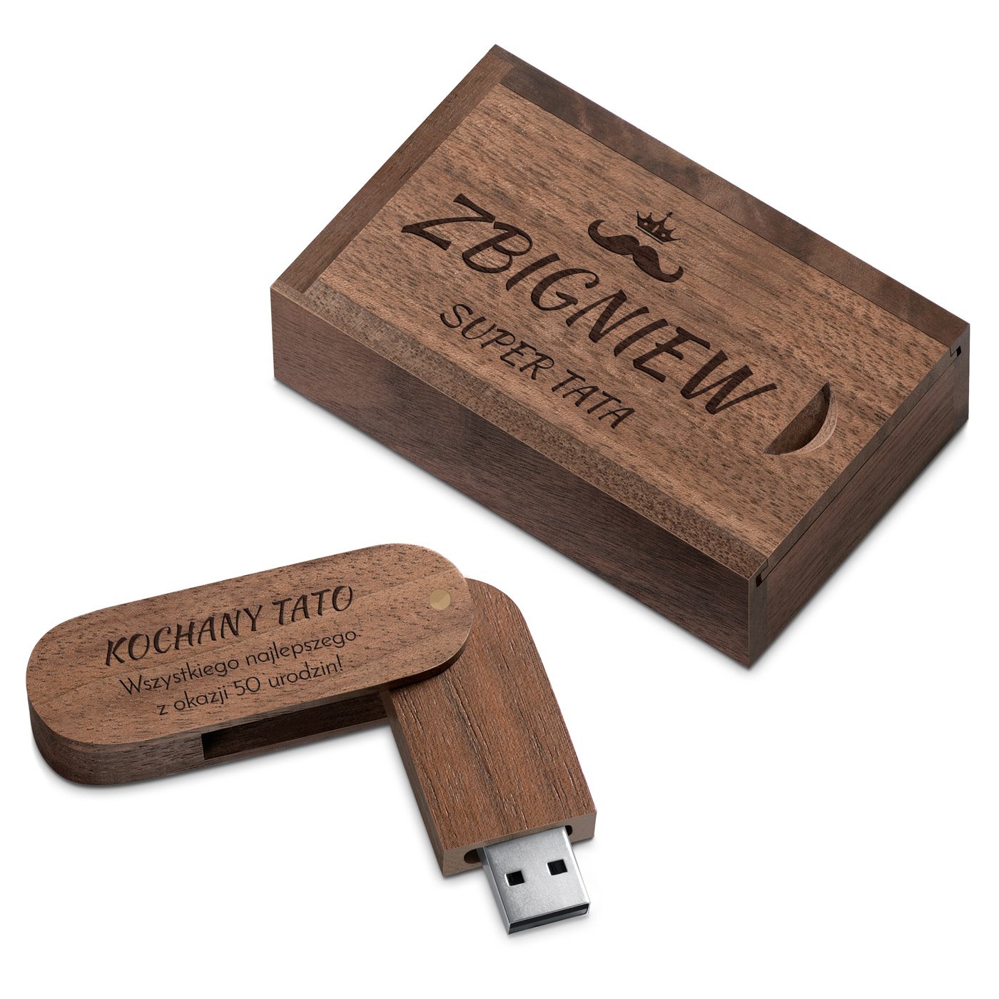 Pendrive drewniany z grawerem na pudeku dla taty na 50 urodziny