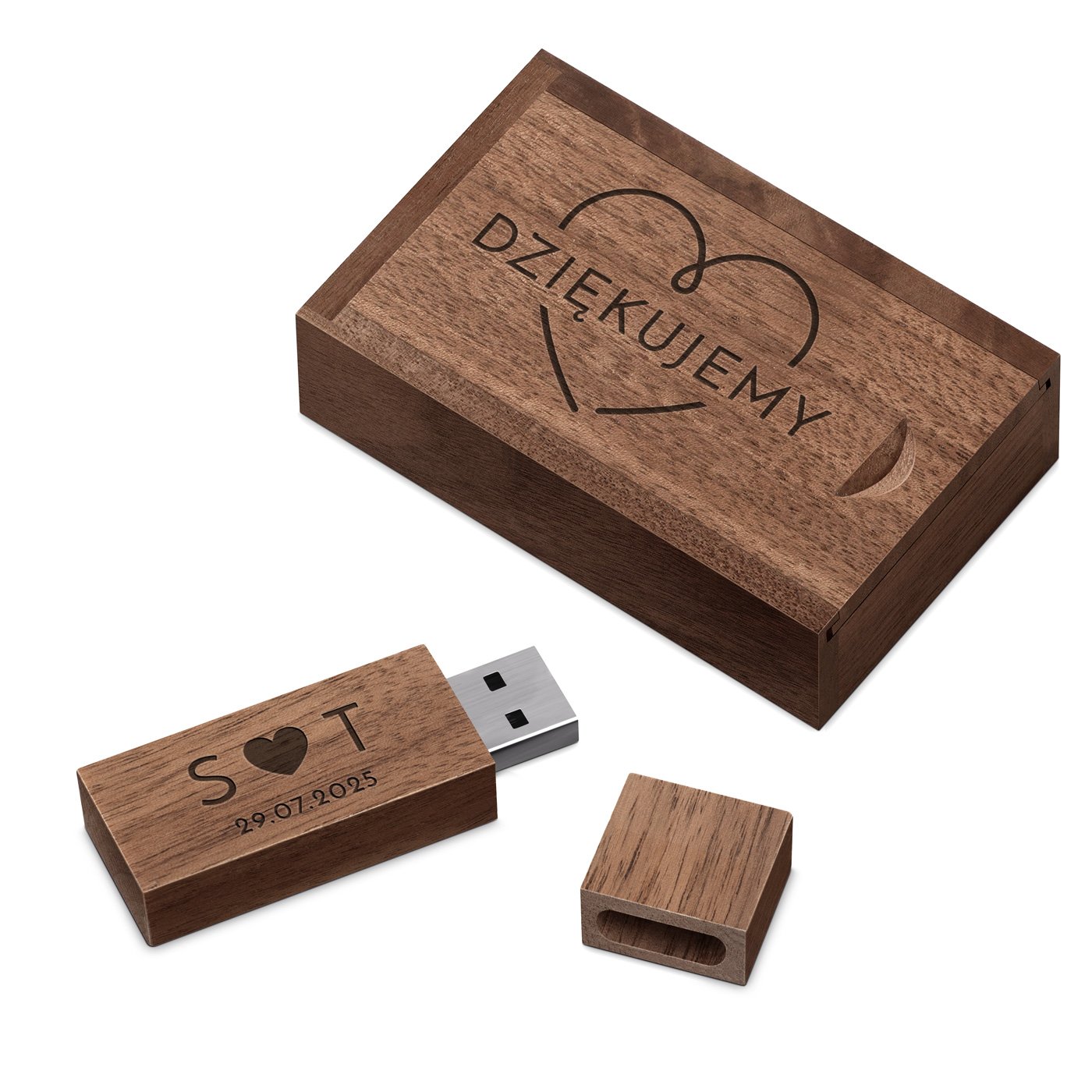 Drewniany pendrive 32 GB w pudeku z grawerem jako podzikowanie lubne