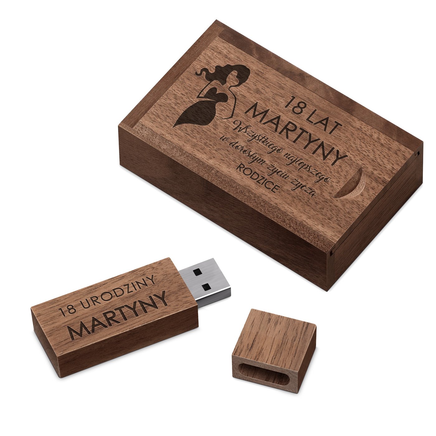 Drewniany pendrive 32 GB w pudeku z grawerem dla niej na 18 urodziny